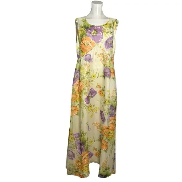 Vintage 70s Floral Maxi Dress Cottagecore Empire Waist Pastel Garden LARGE - Picture 2 of 7